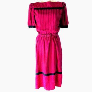 Vintage 1980's Magenta Puff Sleeve Belted Dress SZ M